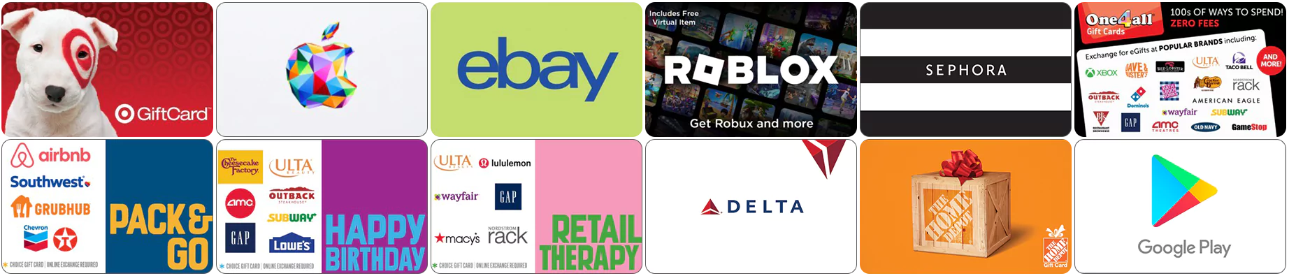 Available gift cards